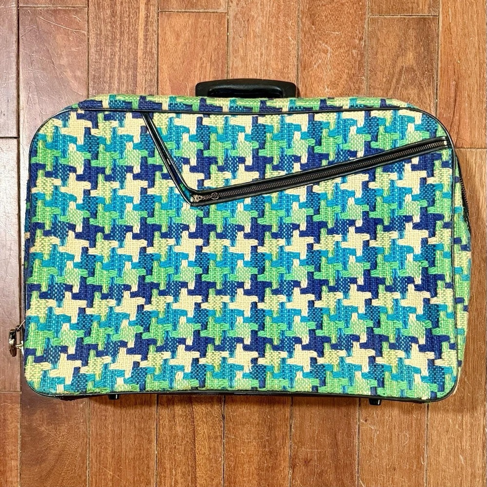 VTG 1960s 60s MCM Vixenz Houndstooth Tweed Cloth Suitcase Travel Case Luggage